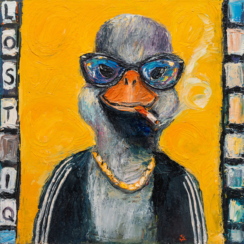 Lost IQ — debut album cover: oil painting of a duck wearing sunglasses on a yellow background